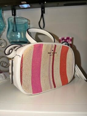 kate spade White Crossbody Bag with Pink & Orange Stripes